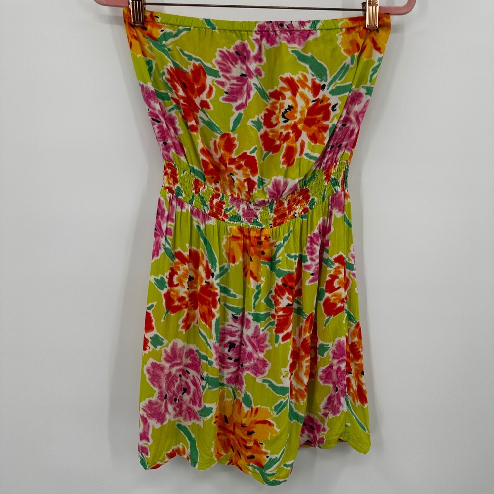 Aerie Strapless Floral Hawaiian Mini Dress Smocked Waist Bright XS Sundress